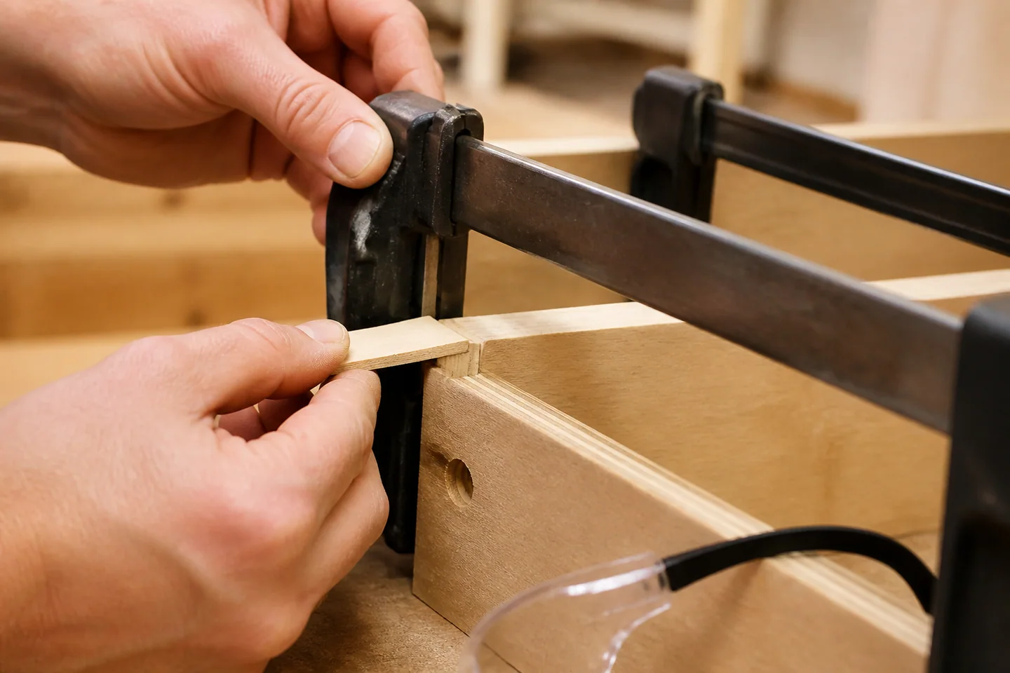 Calzo de madera repartiendo la presión de un sargento sobre una tabla