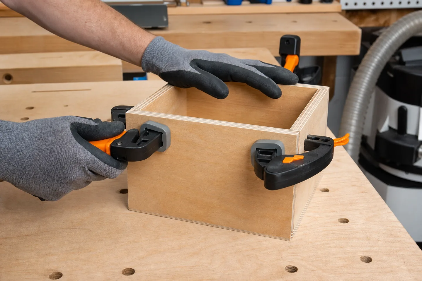Ajuste en seco de una caja de contrachapado con sargentos compactos y protectores