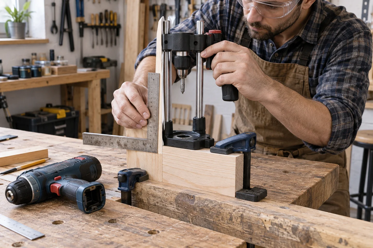 Comprobación de una guía de taladro con escuadra sobre madera sujeta