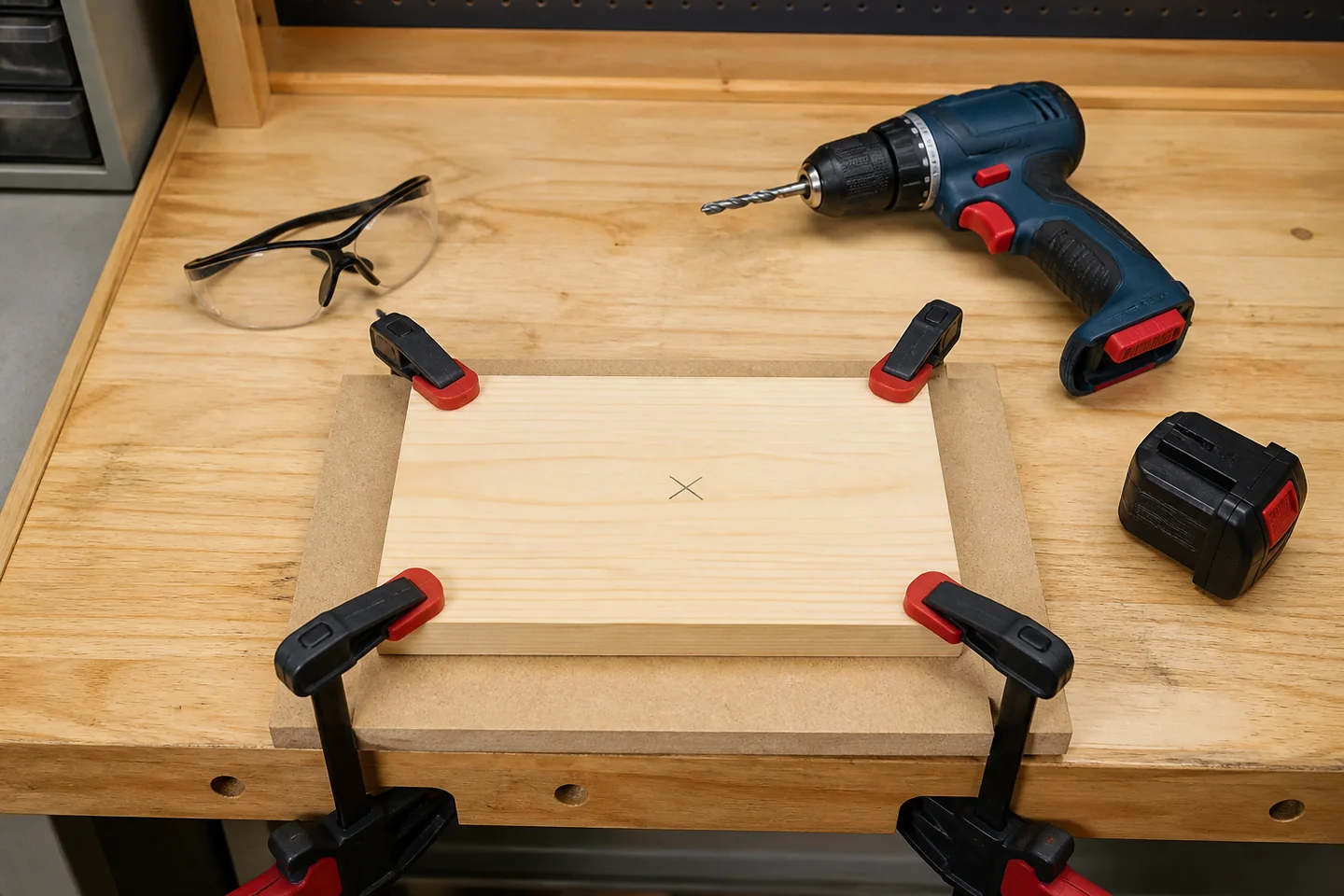 Pieza de madera sujeta a una tabla de sacrificio antes de taladrar